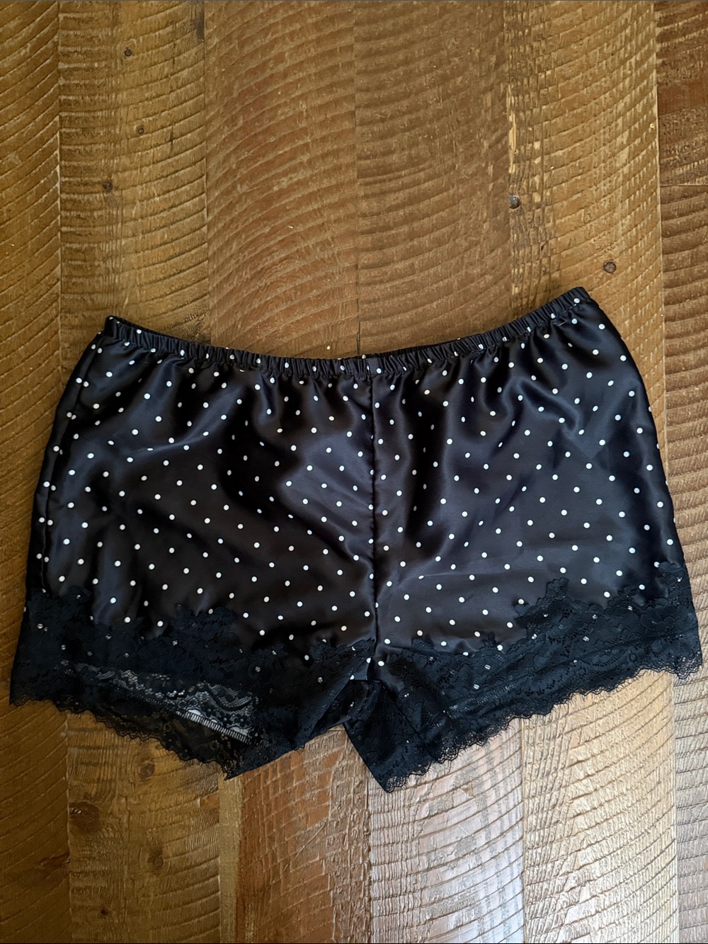 Zoe + Liv Black Satin Polka Dot Sleep Shorts with Lace Hem